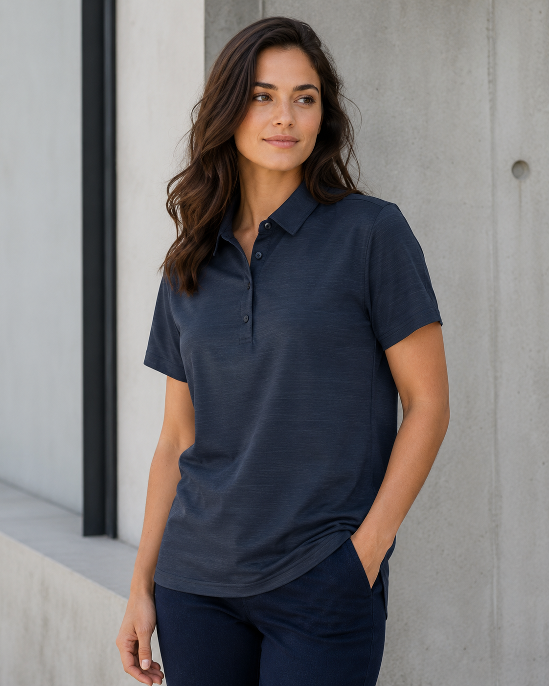 A woman wearing a dark navy blue short-sleeve polo shirt and matching navy pants, standing against a modern concrete wall.