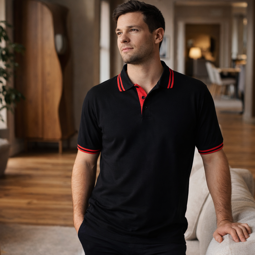 Black kew polo shirt with red collar and sleeve trim perfect for stylish workwear and uniforms