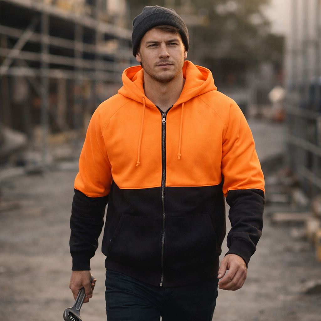 Bright orange and black hi vis fleecy safety hoodie with zip up and drawstrings perfect for workwear uniforms