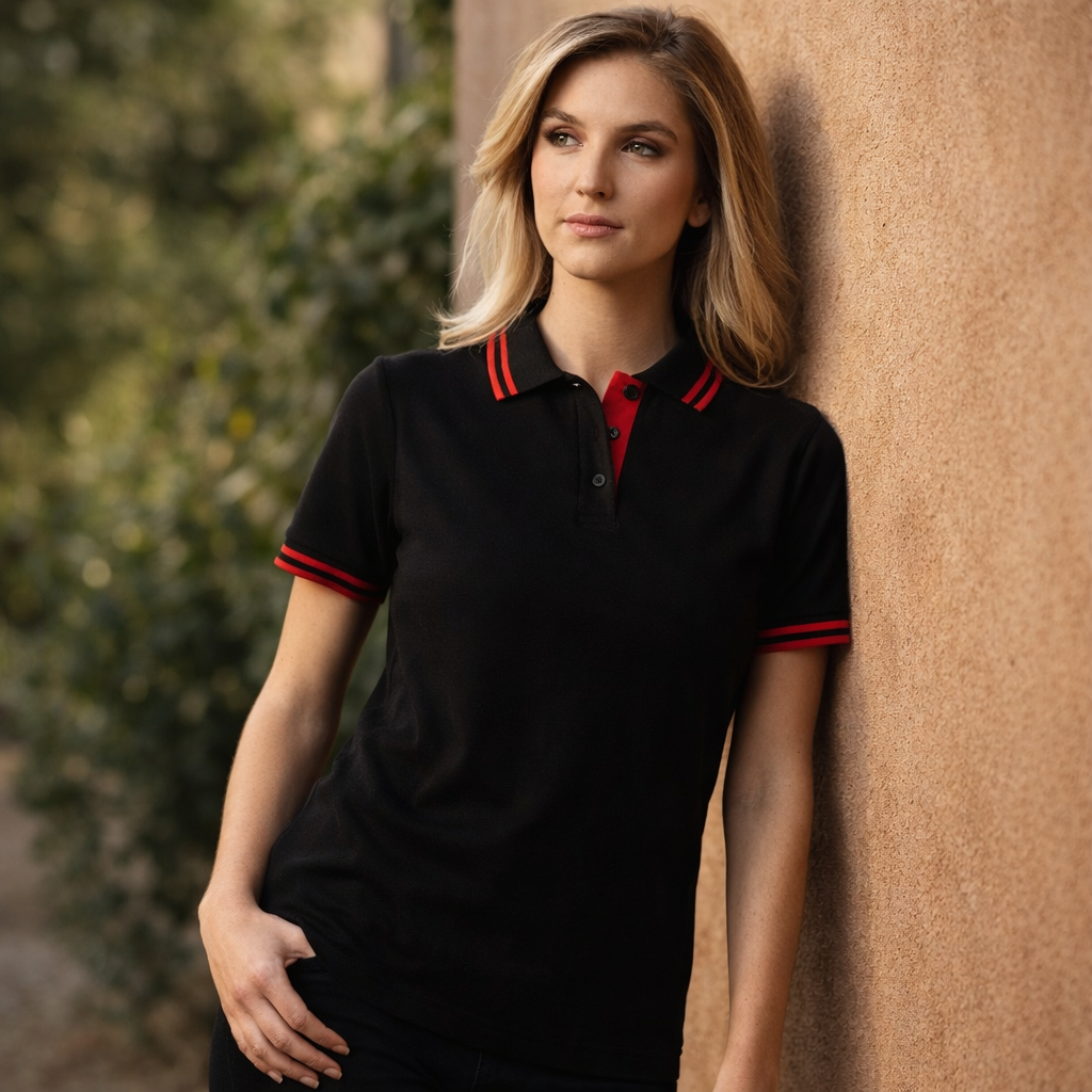 Ladies kew polo black cotton shirt with red trim on collar and cuffs perfect for workwear and uniforms