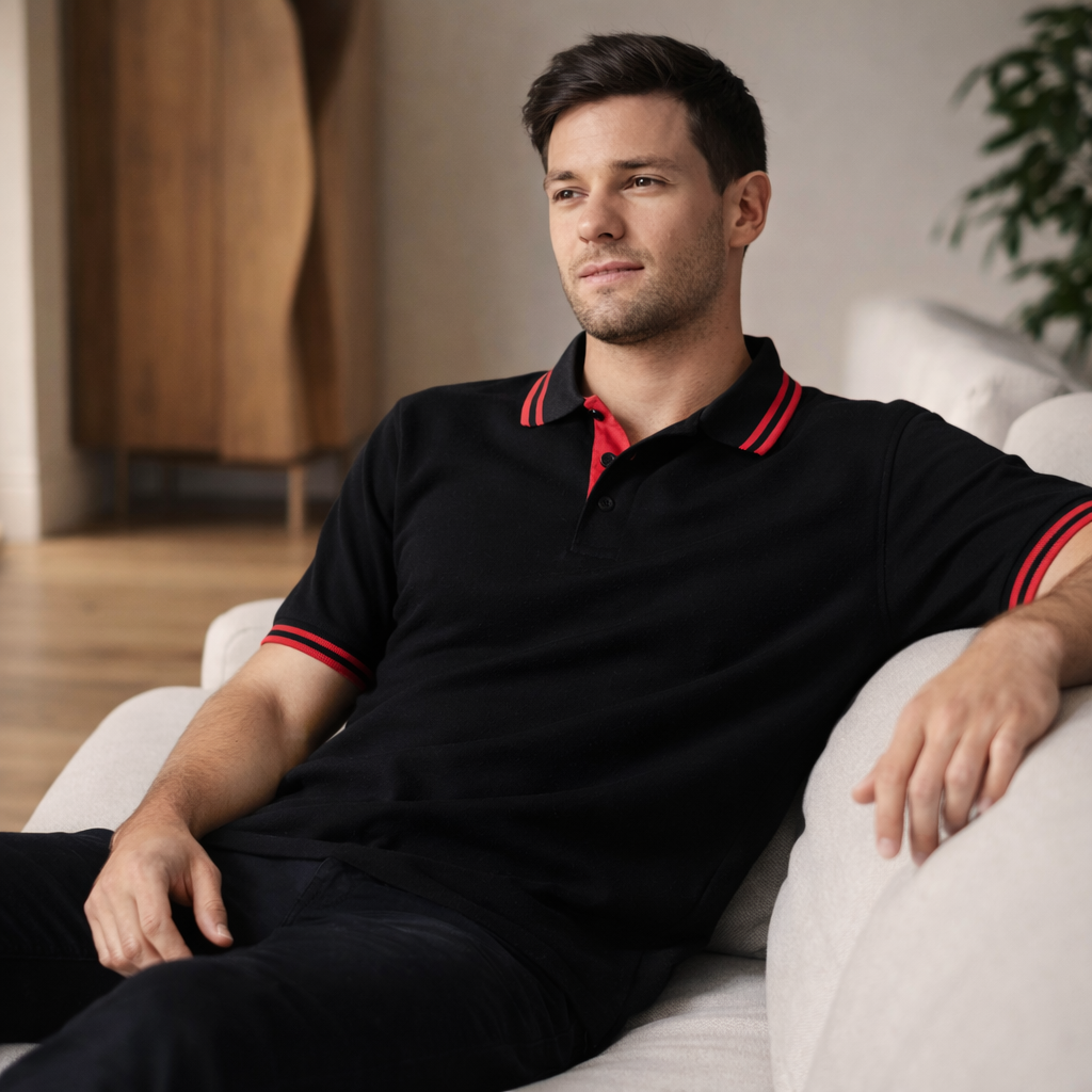 Black kew polo shirt with red trim on collar and cuffs perfect for stylish work uniforms and workwear uniforms