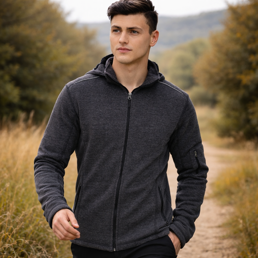 Dark gray heather bonded fleece jacket with soft textured fabric and black zipper perfect for workwear uniforms