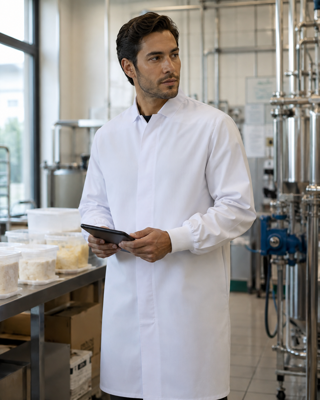 A man in a white lab coat stands in a laboratory holding a tablet, with stainless steel tanks and equipment visible in the background.