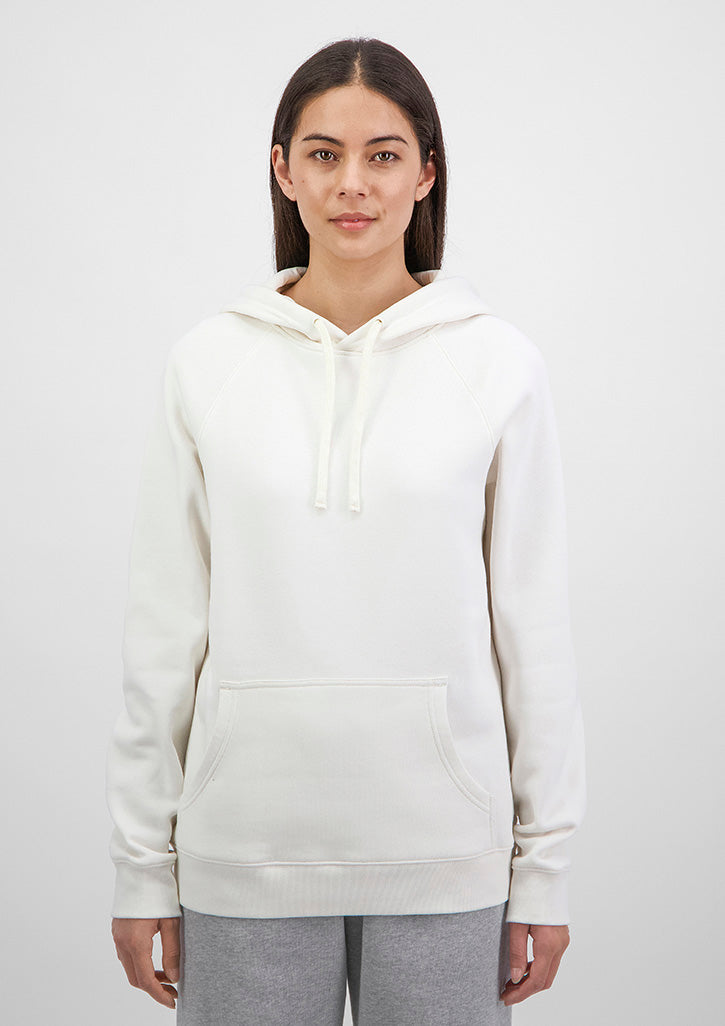 Person wearing a white hoodie and gray pants on a white background