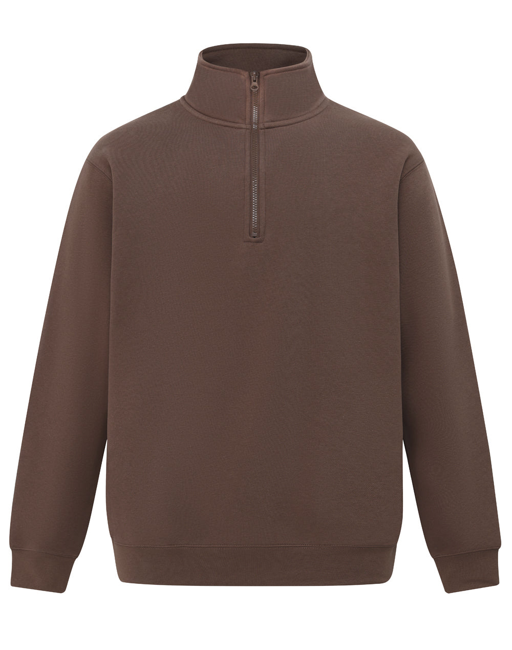 Cozy brown half zip fleece jumper with soft textured fabric and ribbed cuffs perfect for workwear and uniforms