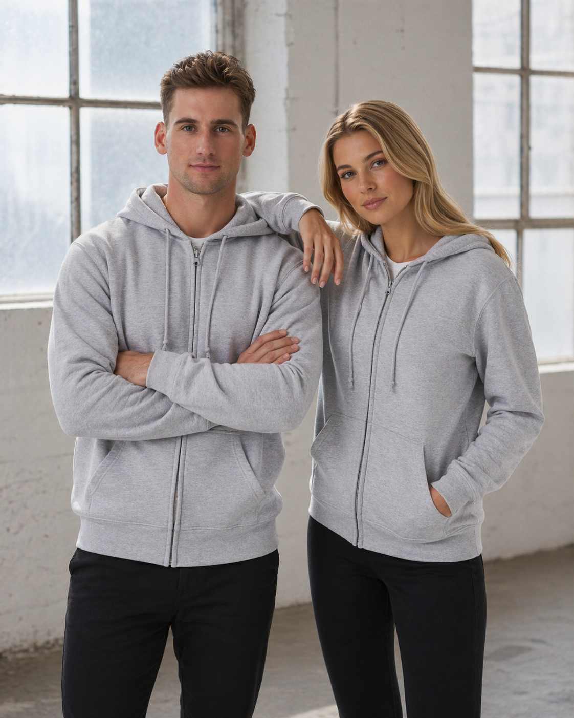 Ladies subzero gray zip hoodie with front pockets and drawstring hood perfect for workwear and uniforms