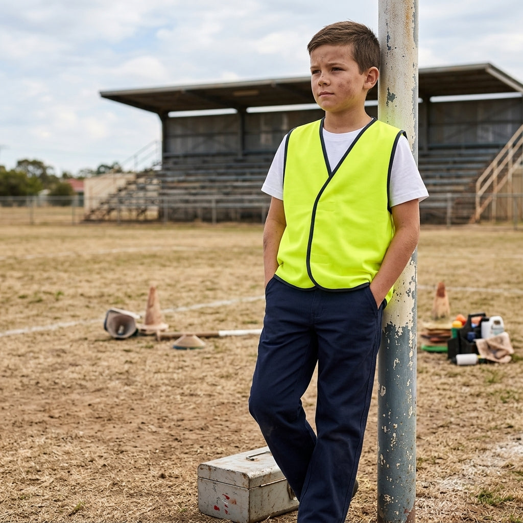 A young boy stands on a dirt field leaning against a metal pole, wearing a bright neon yellow high-visibility safety vest over a white t-shirt and navy pants.