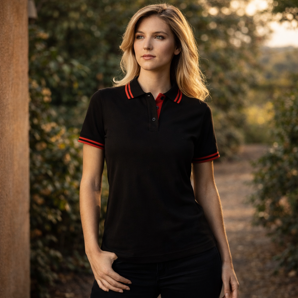 Ladies Kew Polo black short-sleeved shirt with red collar and cuff trim perfect for workwear uniforms