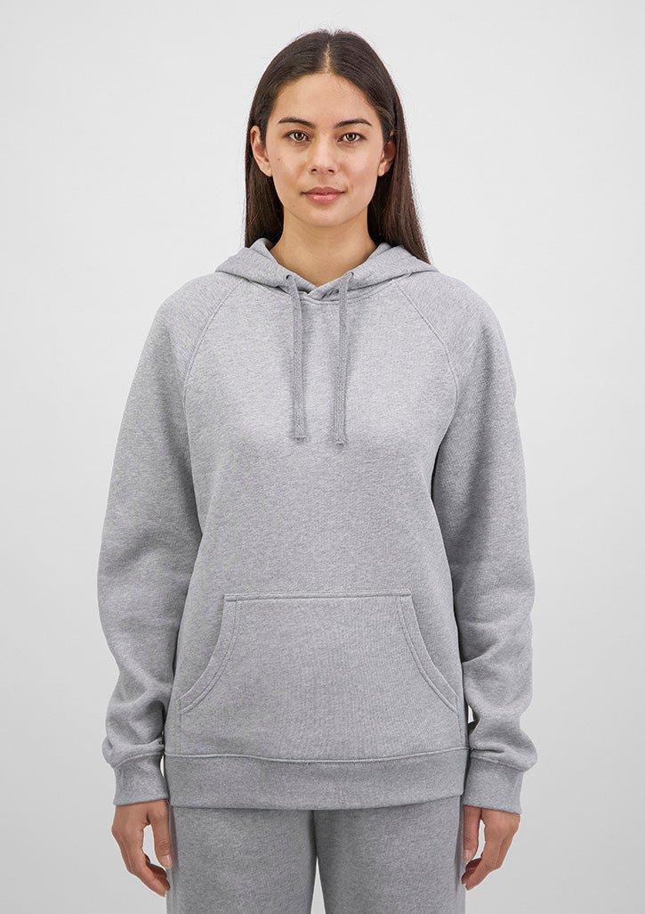 Person wearing a gray hoodie on a white background