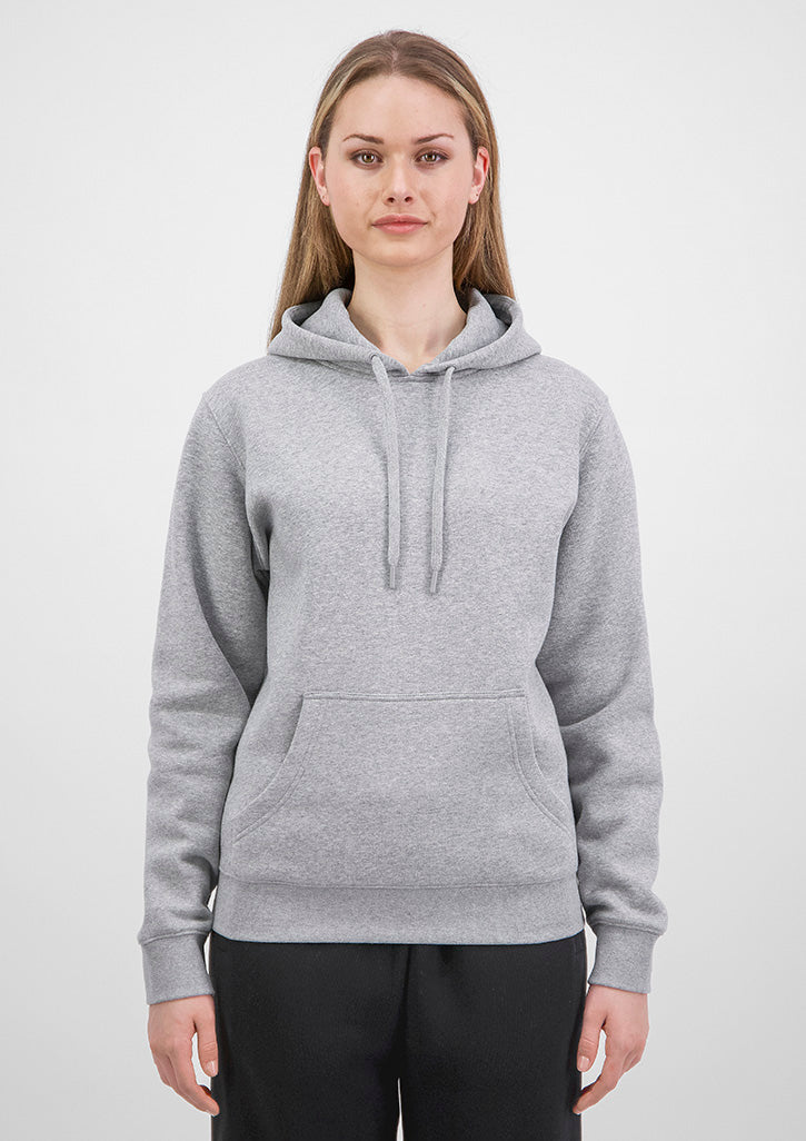 Person wearing a gray hoodie on a white background