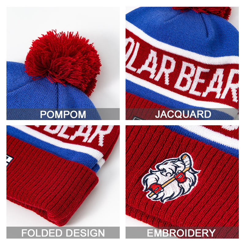 Blue and red knitted pompom beanie with fluffy red pompom and polar bear embroidery perfect for work uniforms