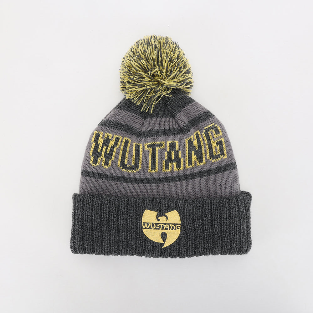 Gray and black striped knit pompom beanie with yellow wutang lettering and logo perfect for work uniforms and workwear