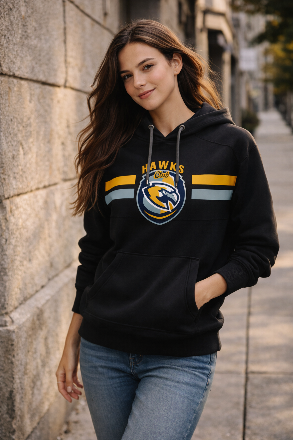 Black hoodie with yellow and light blue stripes and hawks club logo perfect for stylish work uniforms or casual workwear