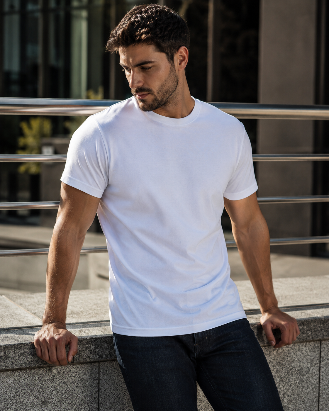 Man wearing a plain white t-shirt and dark jeans standing outdoors.
