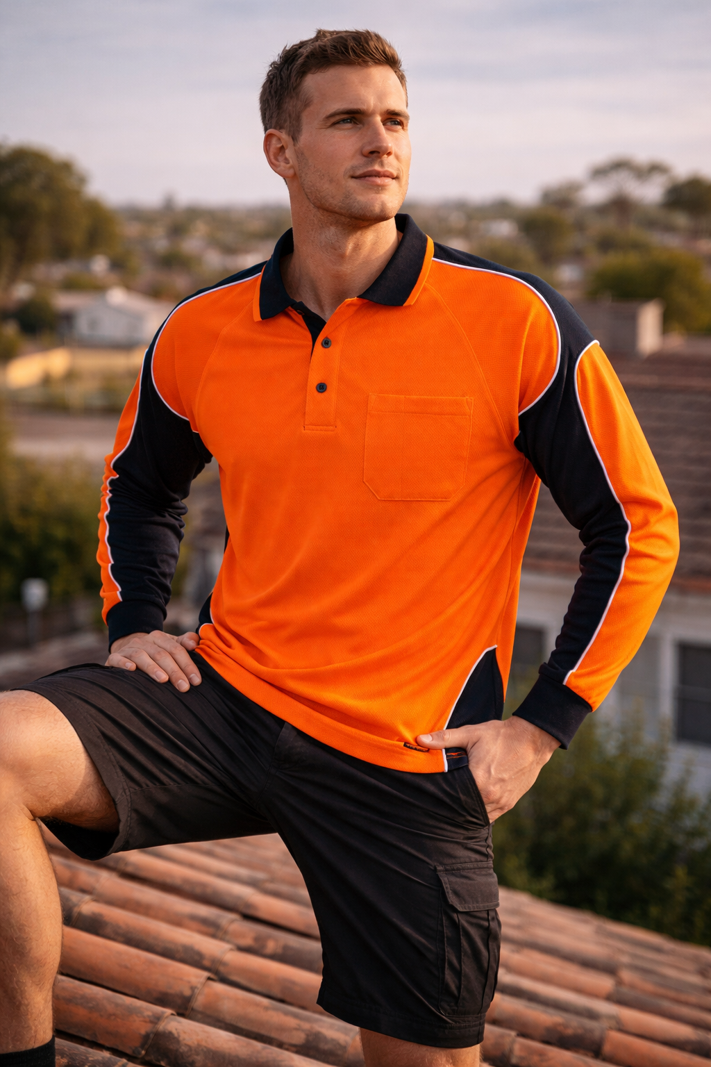 Bright orange and black hi vis arm panel long-sleeved polo shirt perfect for durable workwear uniforms