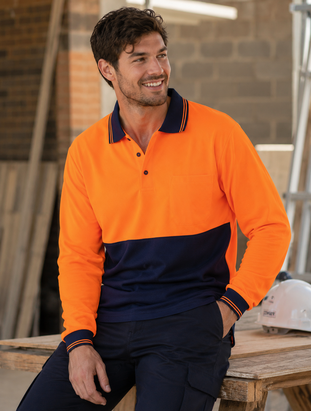 A man wearing a long-sleeve high-visibility polo shirt in bright orange and navy blue, sitting on a wooden workbench in a workshop environment.