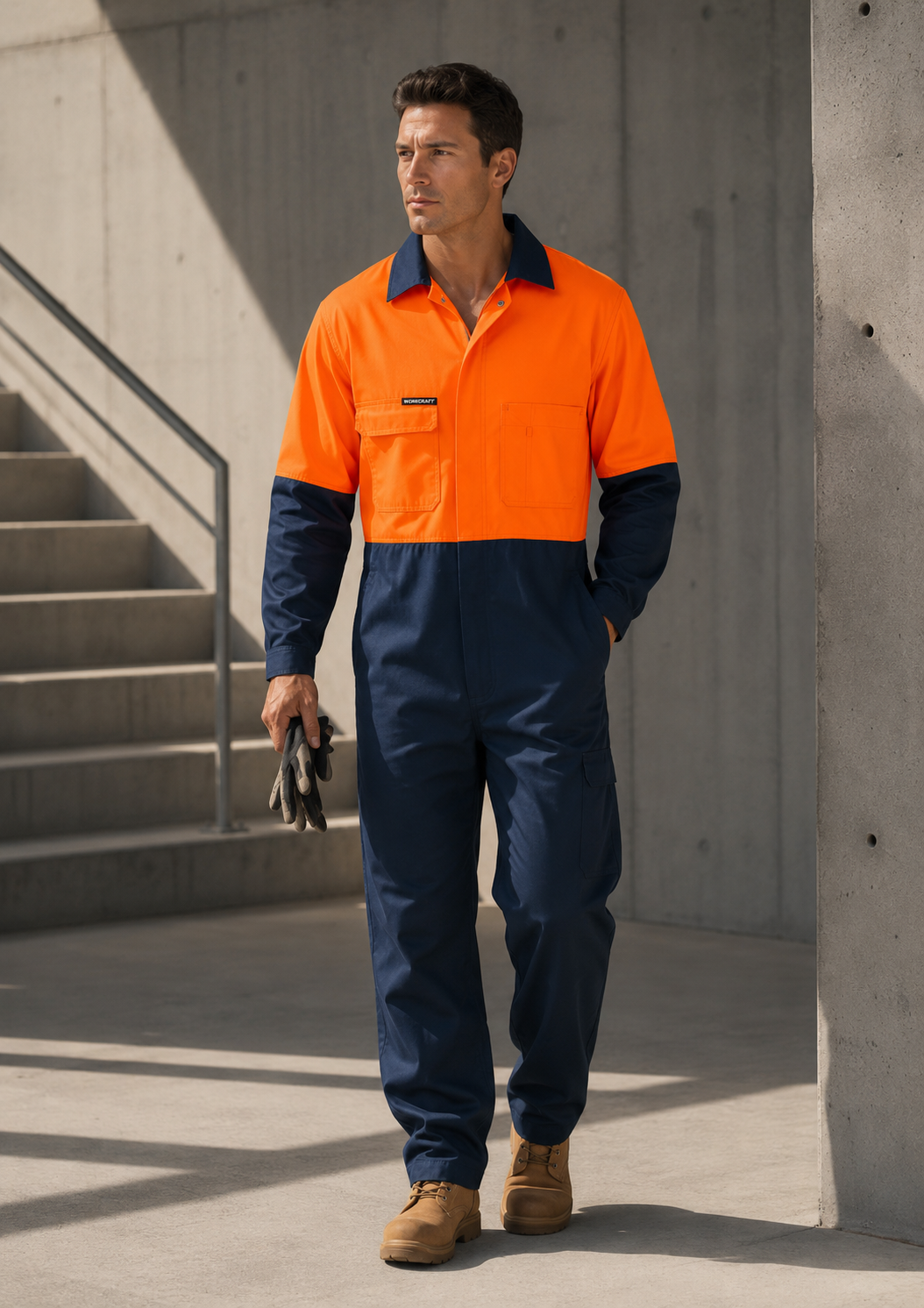 A man wearing a two-tone high-visibility work jacket and matching navy work pants, standing in a concrete industrial setting with stairs in the background.