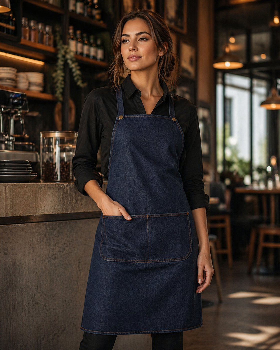Dark blue denim cross back apron with single front pocket and adjustable straps perfect for workwear uniforms