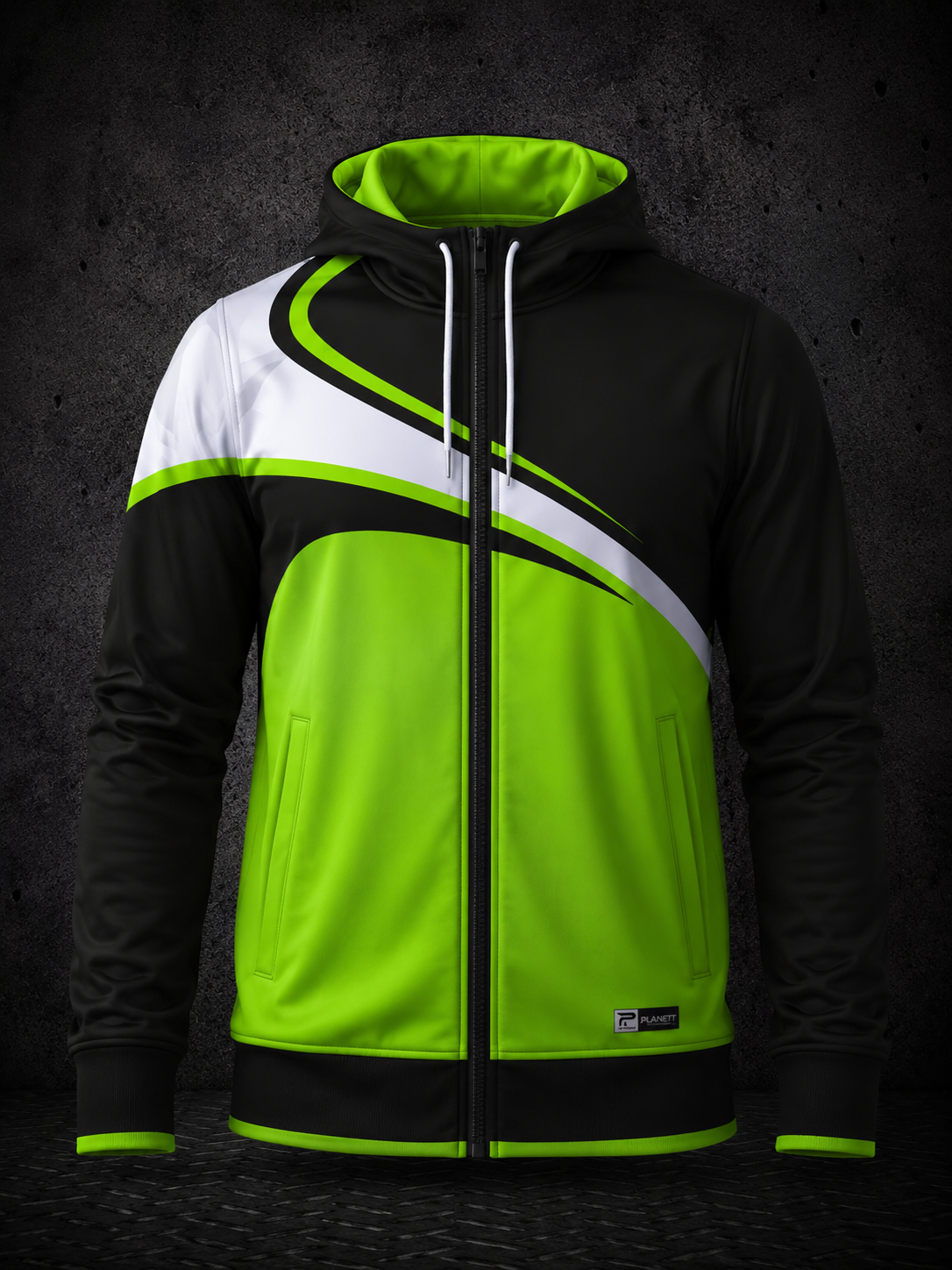 Black, green, and white jacket with a zipper on a dark background