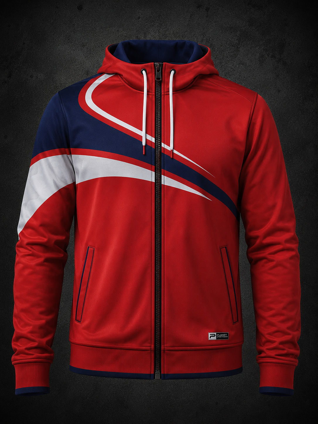 Red hoodie with blue and white accents on a dark background
