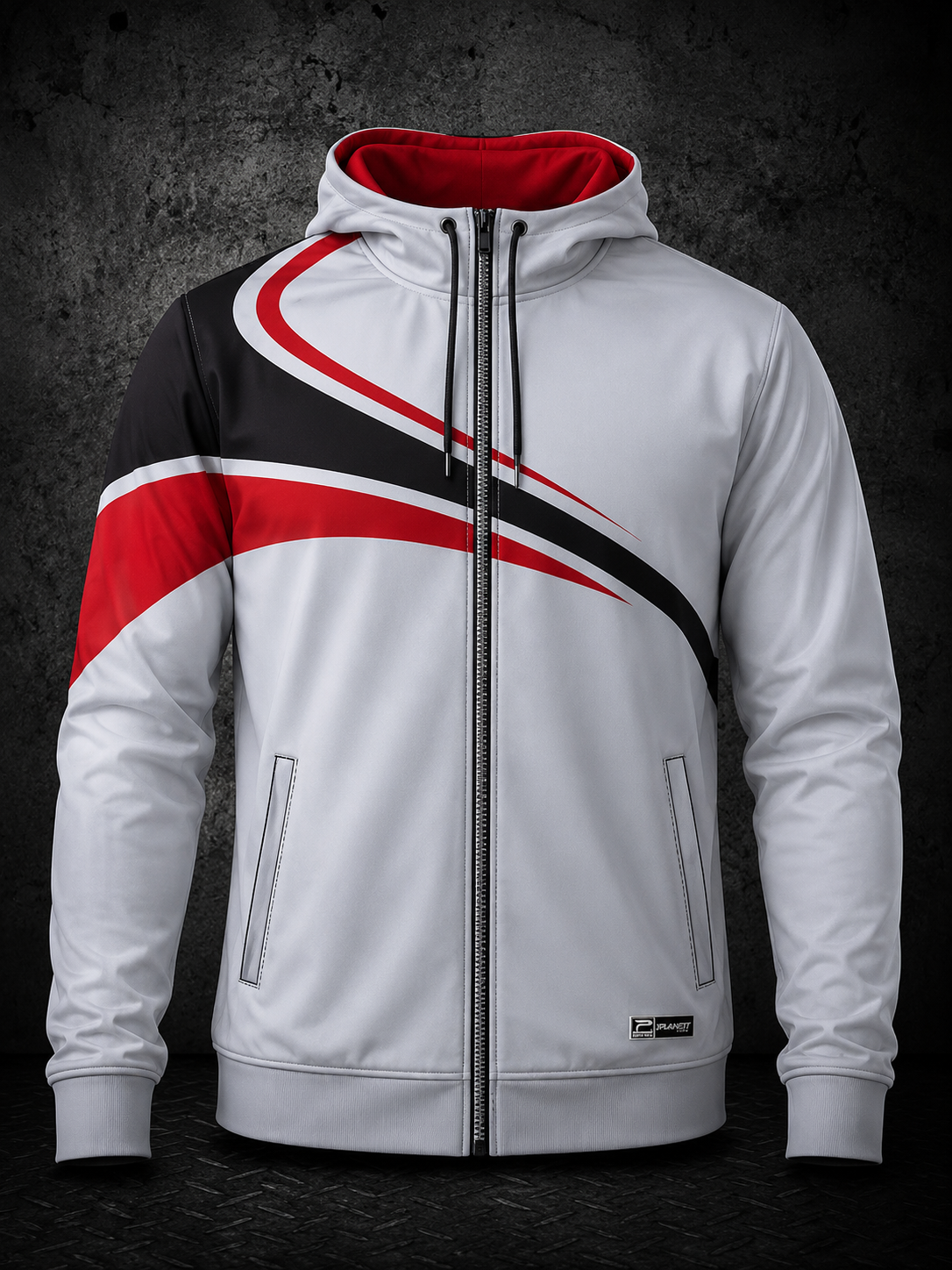 White hoodie with red and black design on a dark background