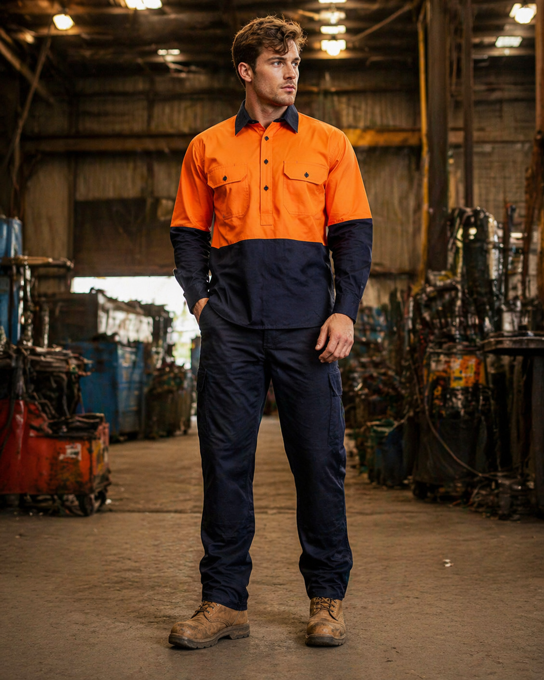 Lightweight hivis half placket drill shirt work uniform in bright orange and navy blue with buttoned chest pockets