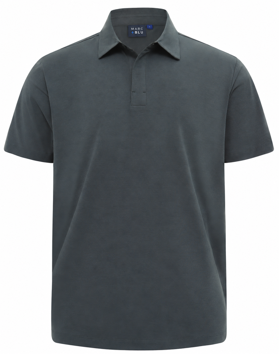A dark gray short-sleeve polo shirt with a classic collar and a two-button placket, shown on a plain white background.