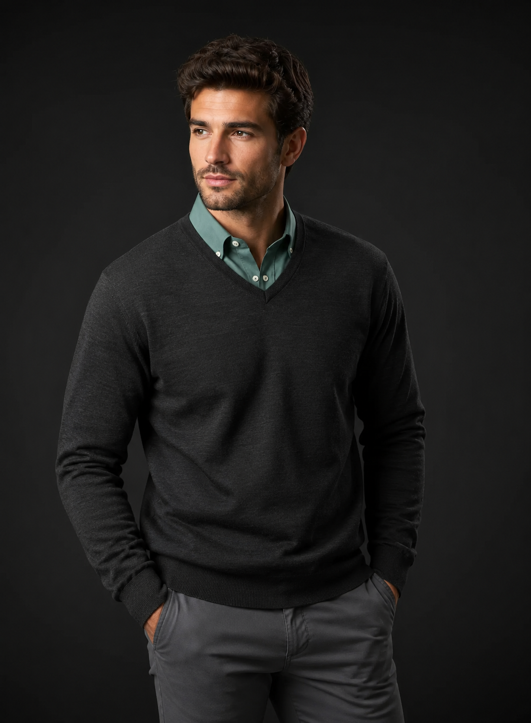 A man wearing a dark charcoal gray v-neck sweater over a teal button-down shirt, paired with gray trousers, posed against a dark studio background.