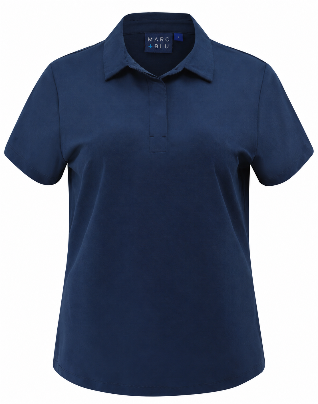 A navy blue short-sleeve polo shirt with a collar and a two-button placket, shown on a clean white background. The Marc & Blu brand label is visible inside the collar.