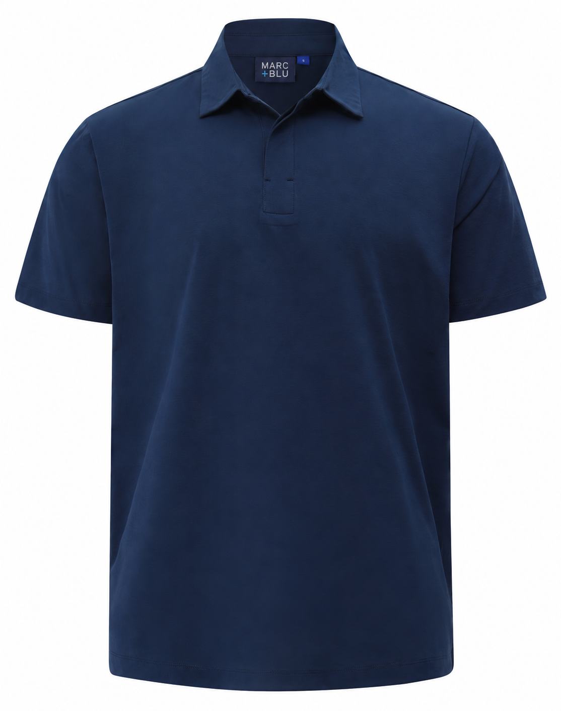 A navy blue short-sleeve polo shirt with a collar and a three-button placket, shown on a plain white background. The brand label 'MARC BOU' is visible inside the collar.