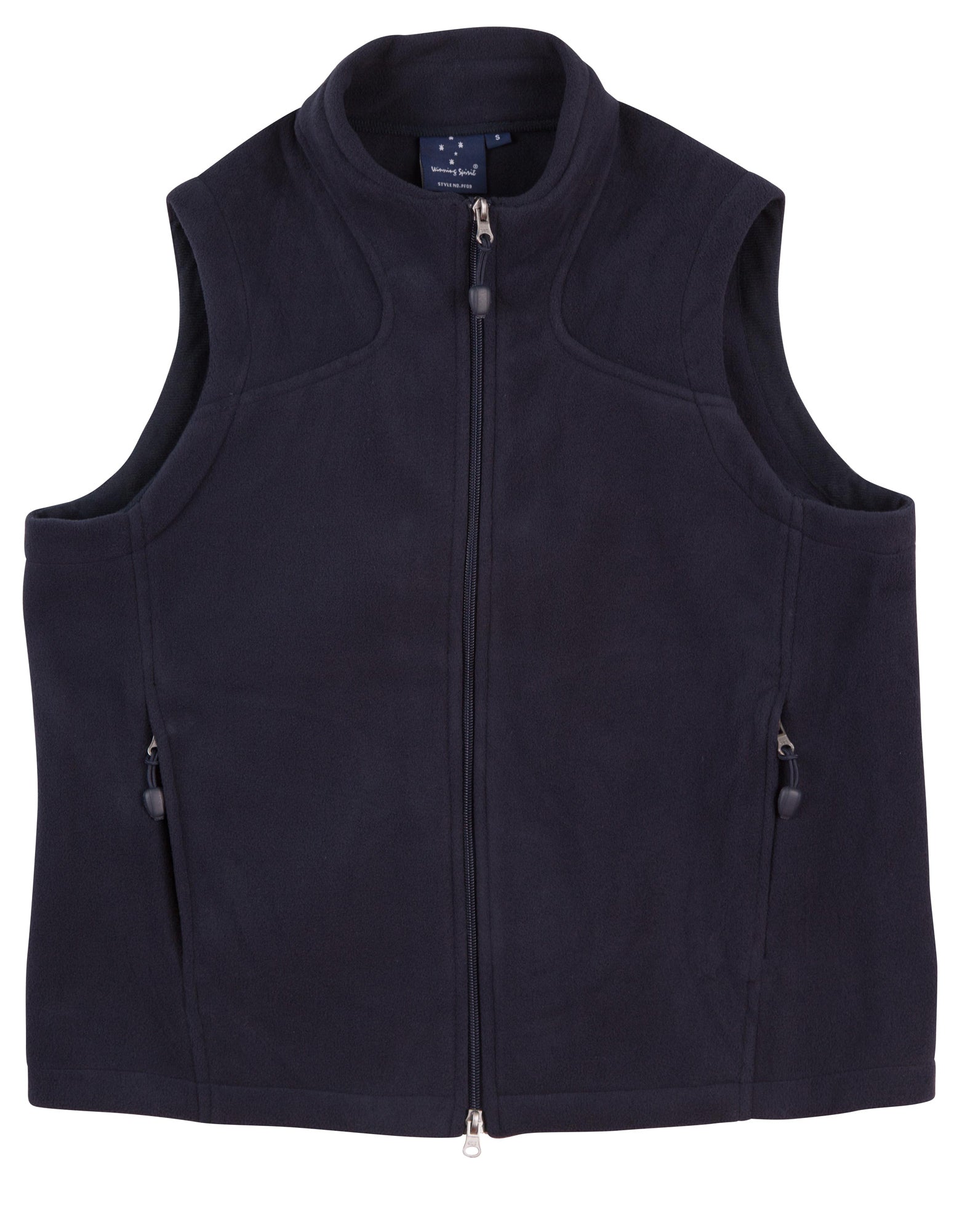 Navy blue fleece vest with front zipper and side pockets perfect for workwear and uniforms in cold weather