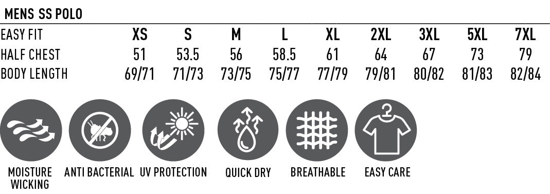 Size chart and feature icons for a men's short-sleeve polo shirt with text and symbols.