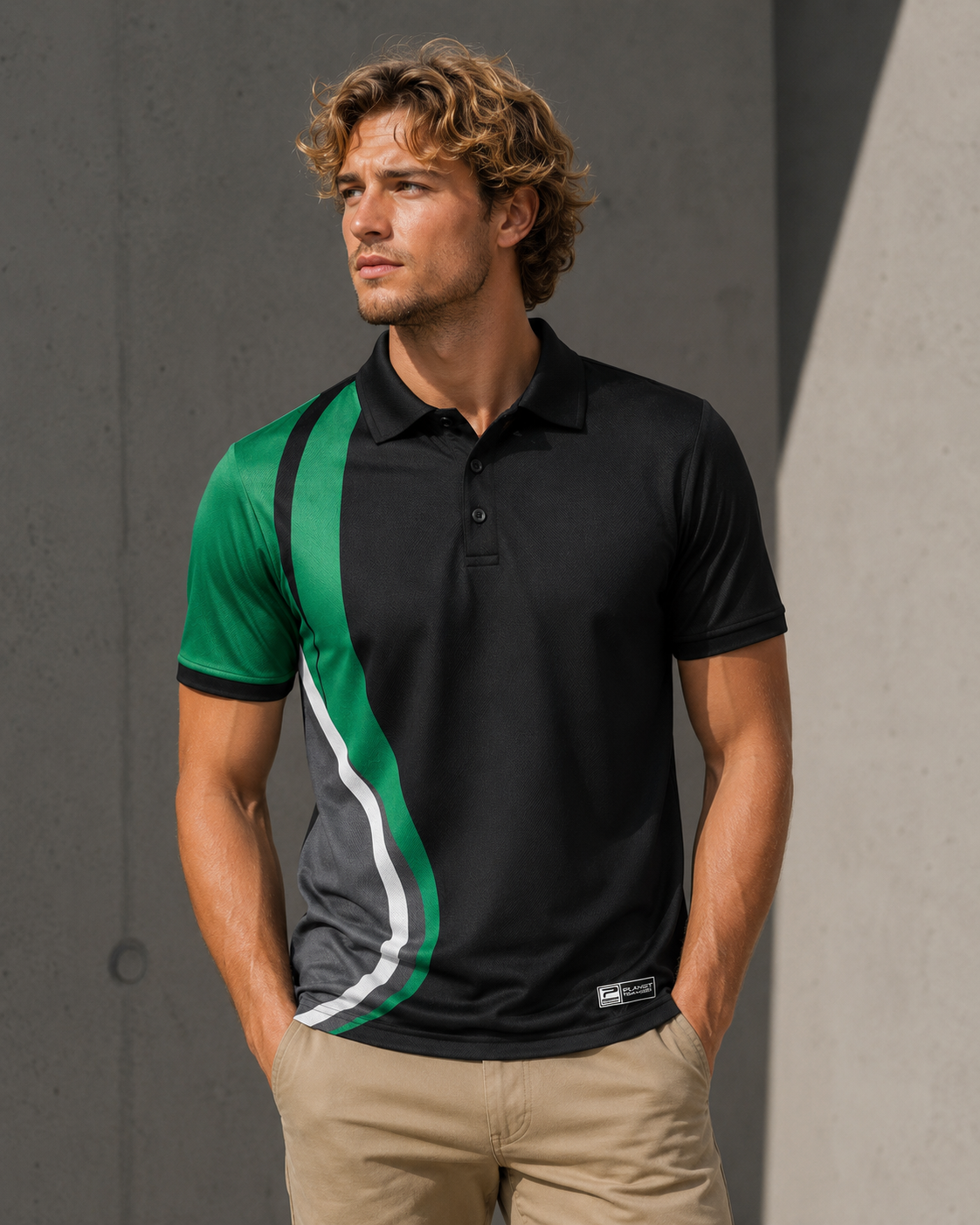 Man wearing a black polo shirt with green and white accents against a gray wall.