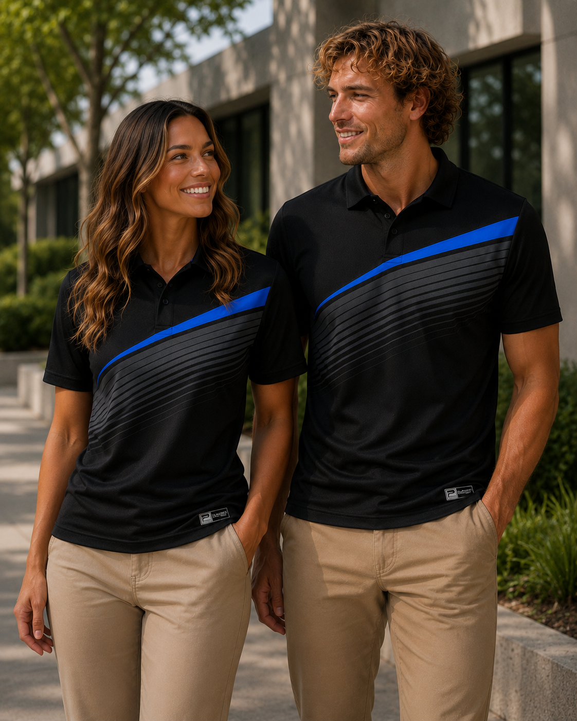 Two people wearing black polo shirts with blue accents standing outdoors.