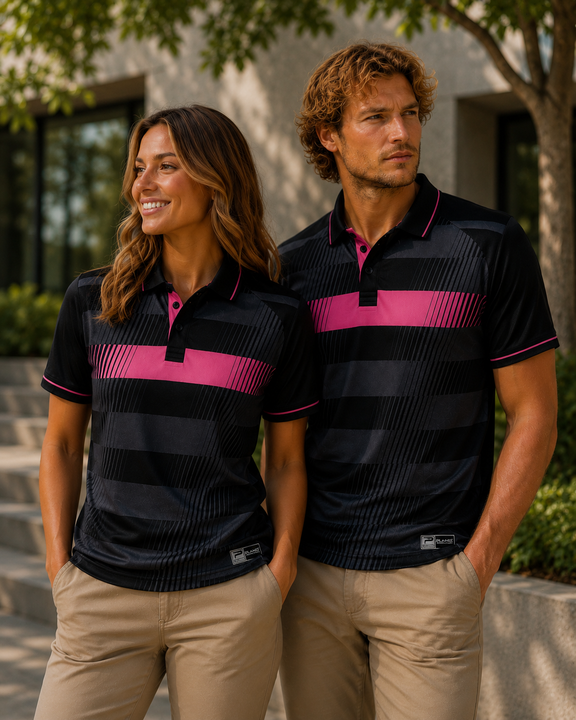 Two people wearing matching black and pink striped polo shirts outdoors.