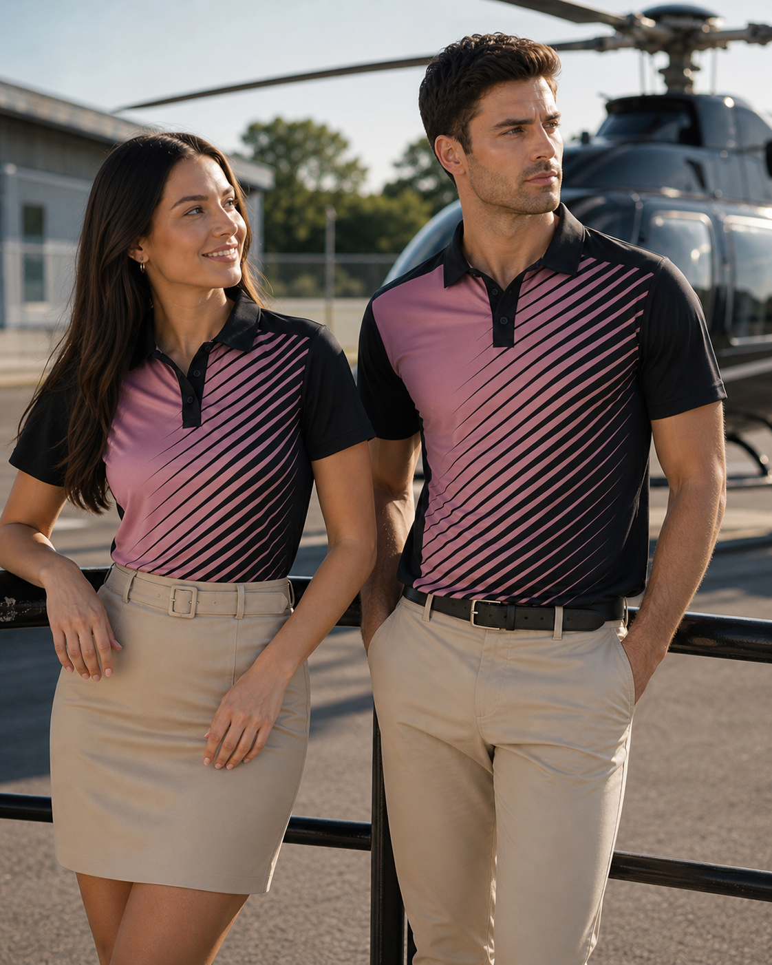 Black and pink diagonal-striped ps116 custom ladies polo shirt ideal for stylish workwear and uniforms