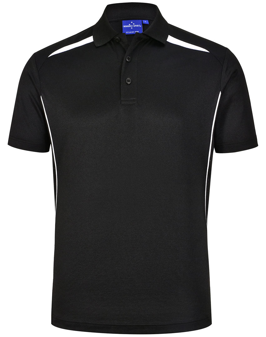 Black sustainable contrast polo shirt with white stripes perfect for durable workwear and stylish uniforms