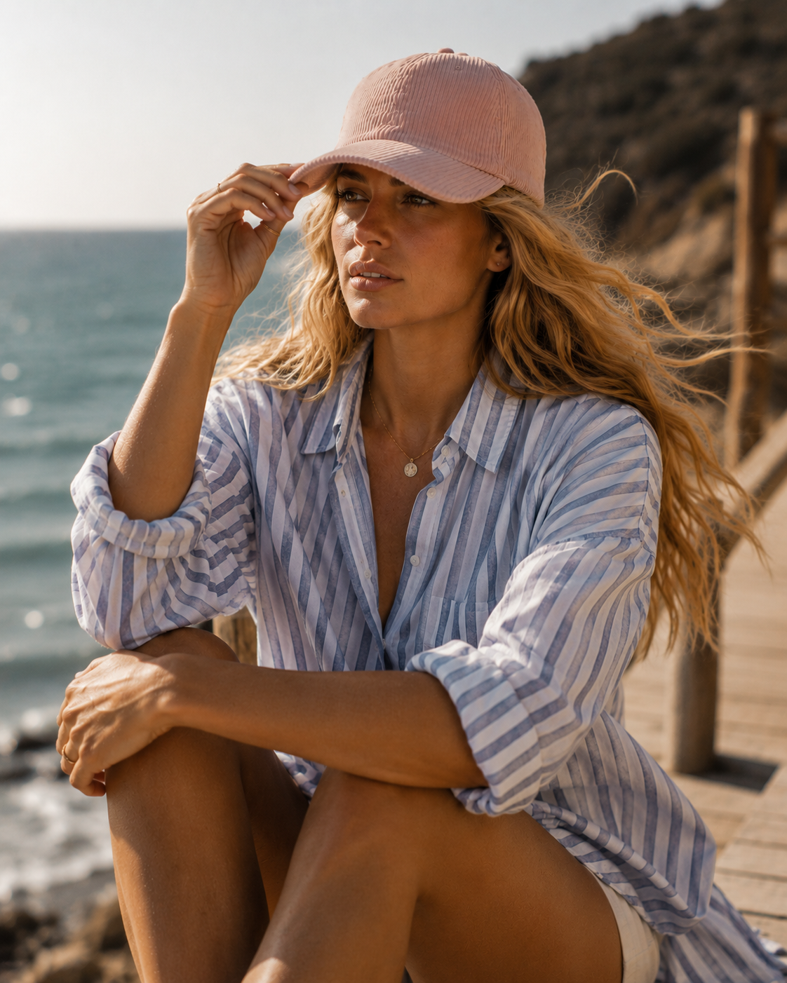 Woman sitting on a wooden dock by the ocean, wearing a pink cap and striped shirt.