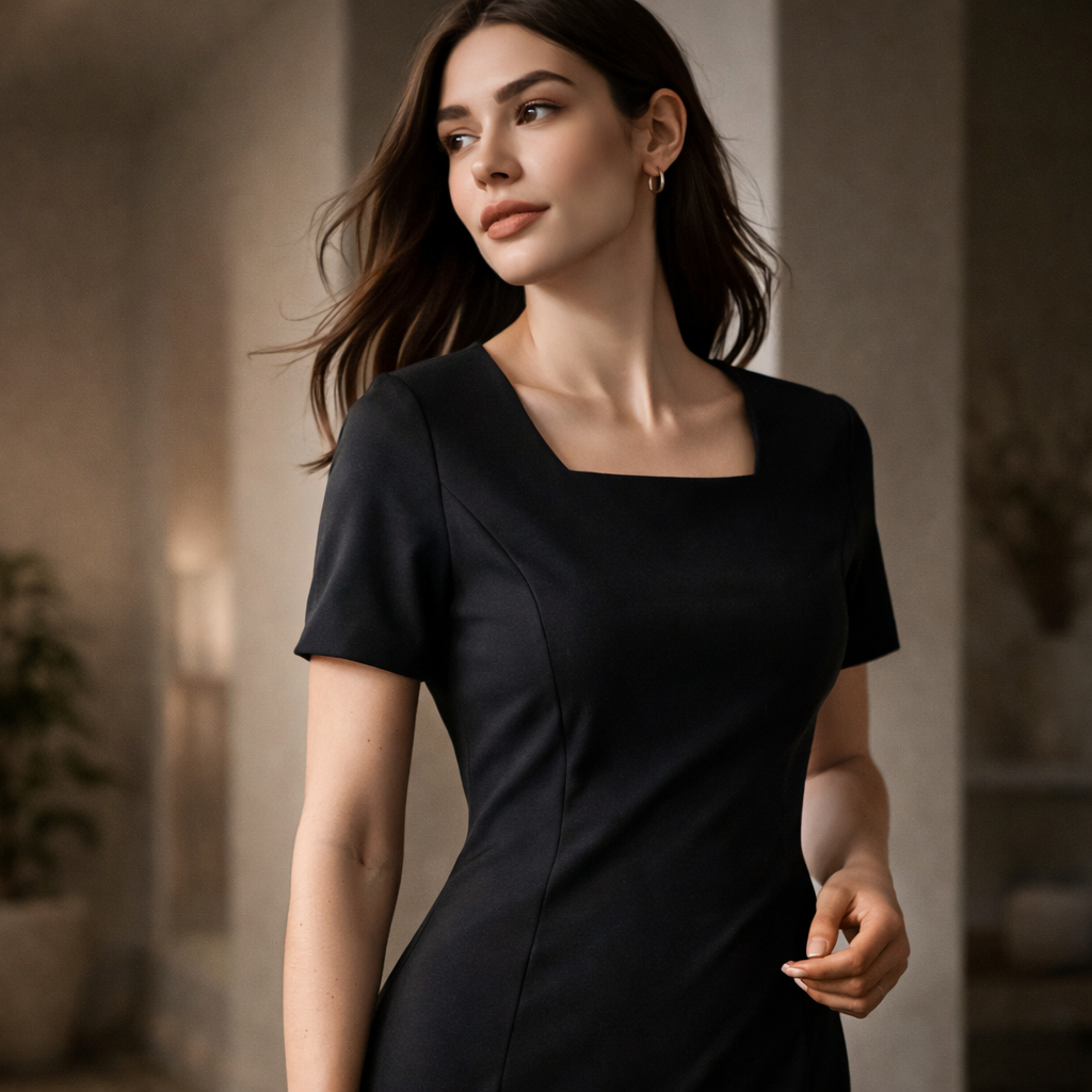 Womens renew short sleeve black dress with square neckline and tailored fit ideal for workwear and uniforms