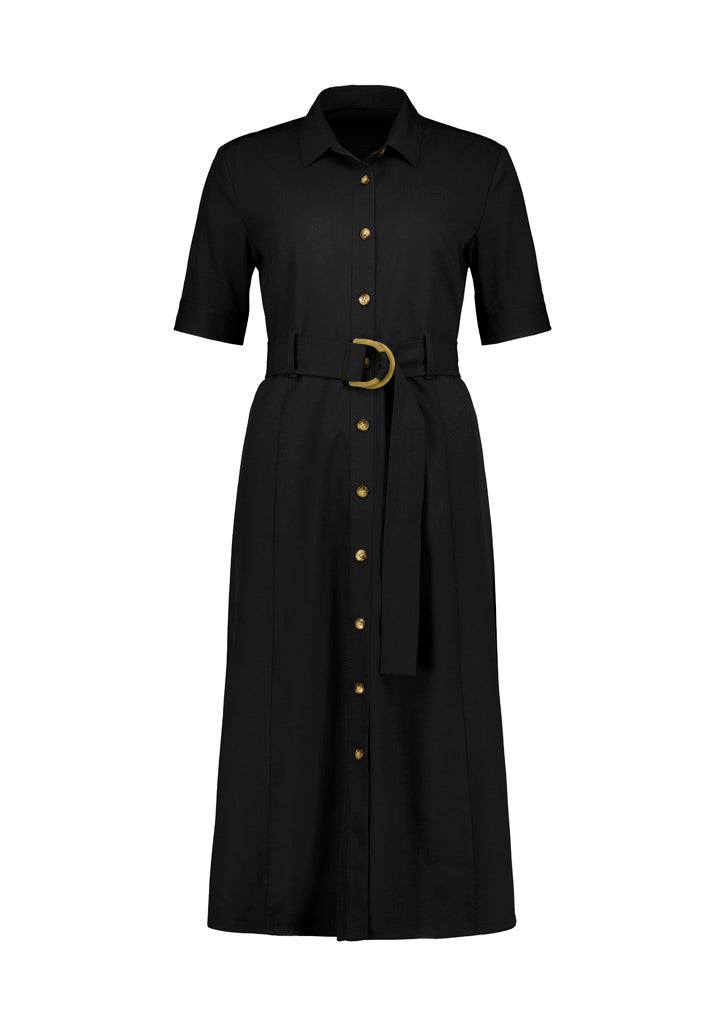 Womens adele midi dress with short sleeves black button-down design and gold belt buckle perfect for workwear uniforms