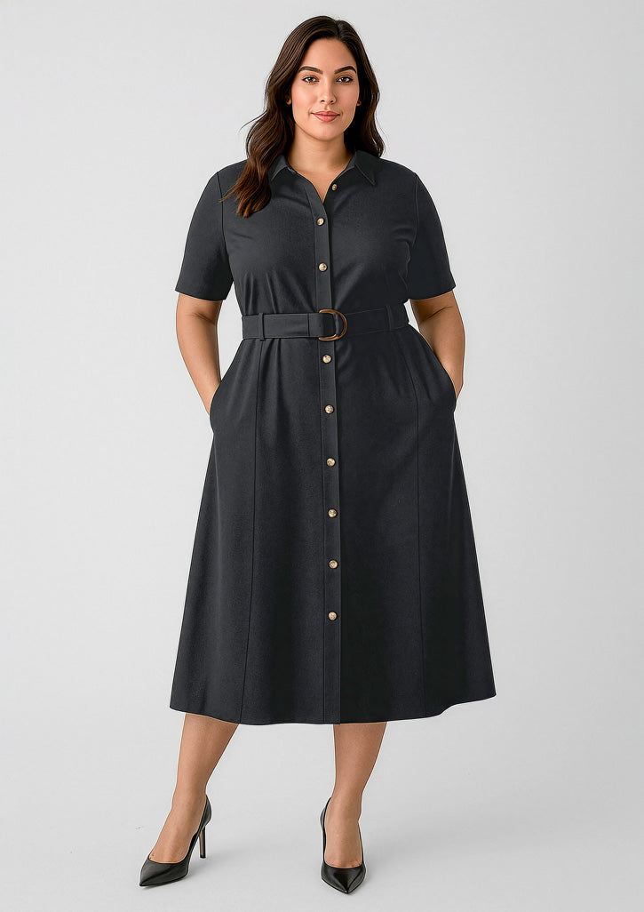 Womens Adele midi dress in black with fitted waist and gold buttons perfect for stylish work uniforms and workwear