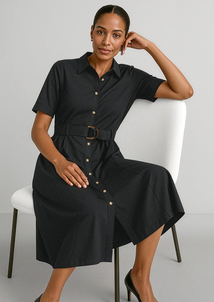 Womens Adele midi dress black short-sleeved button-down with belt and gold buttons perfect for workwear uniforms