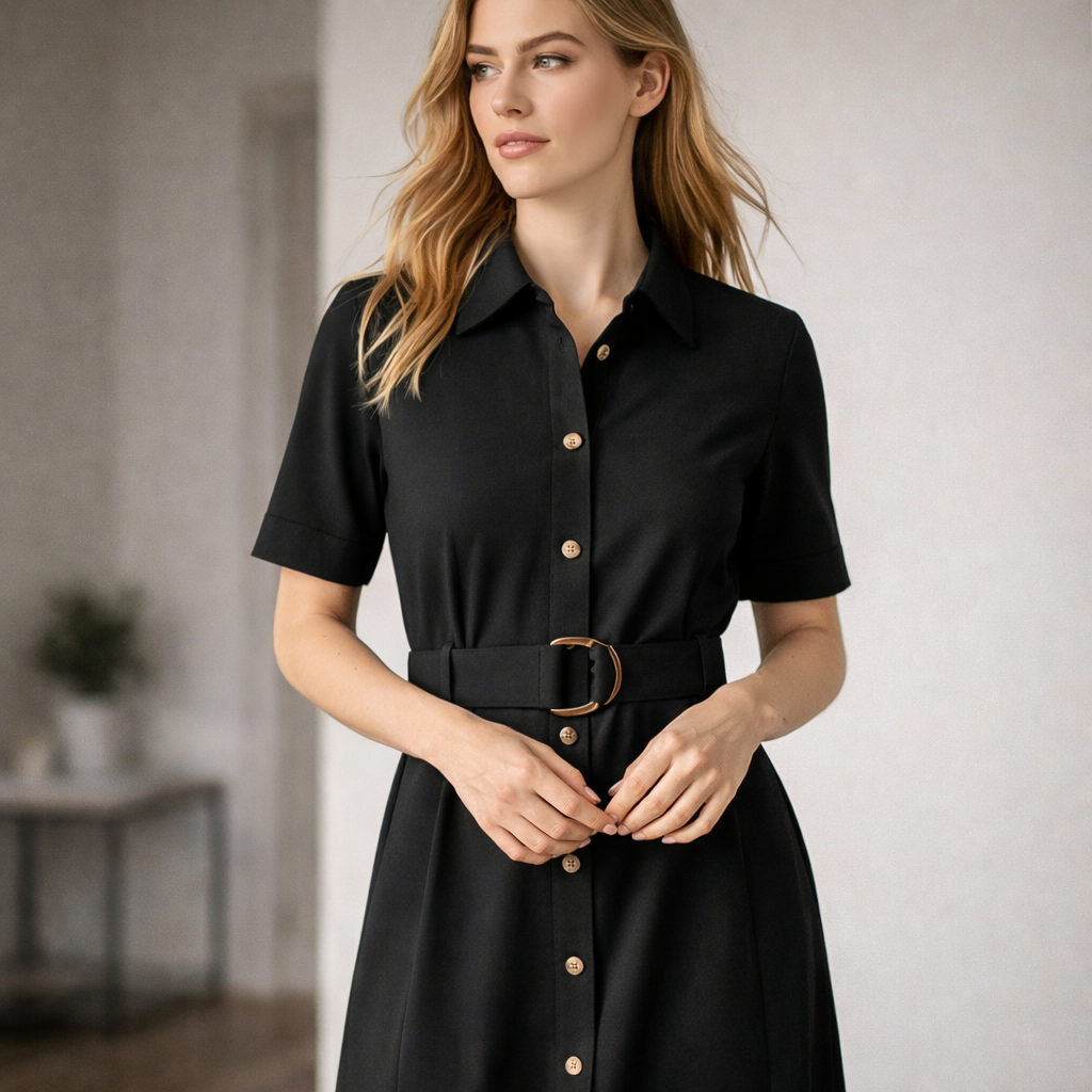 Womens Adele midi dress in black with gold buttons and matching belt perfect for work uniforms and workwear
