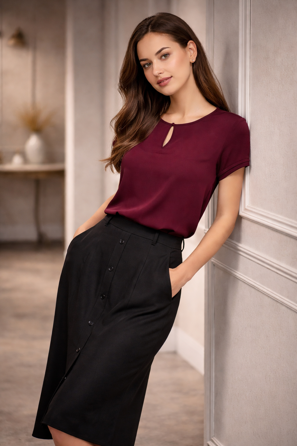 Womens Evelyn short sleeve blouse in burgundy with keyhole neckline smooth fabric perfect for workwear uniforms