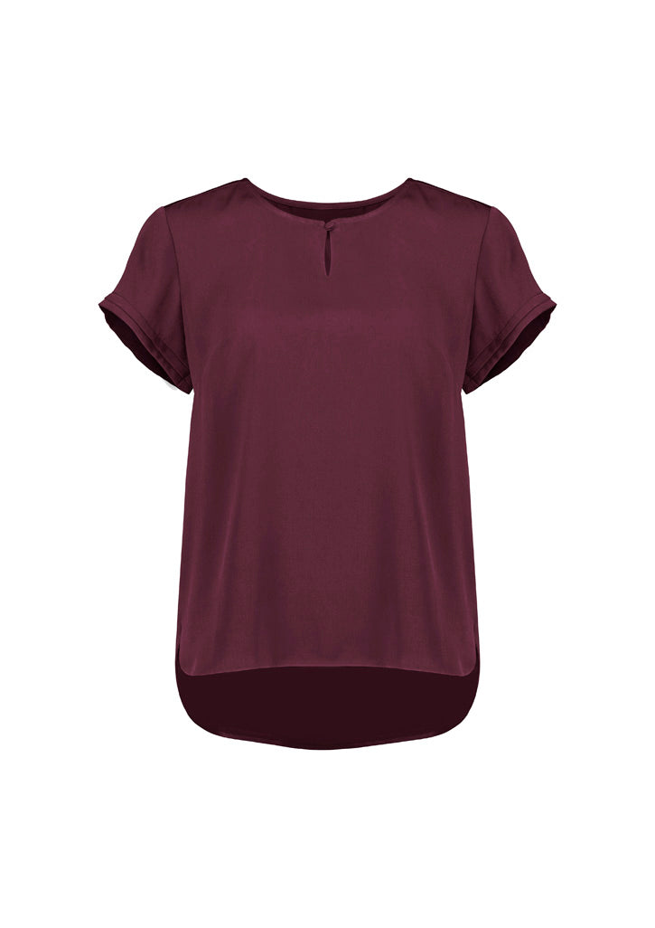 Womens evelyn short sleeve blouse in soft maroon satin with front zipper perfect for stylish workwear uniforms