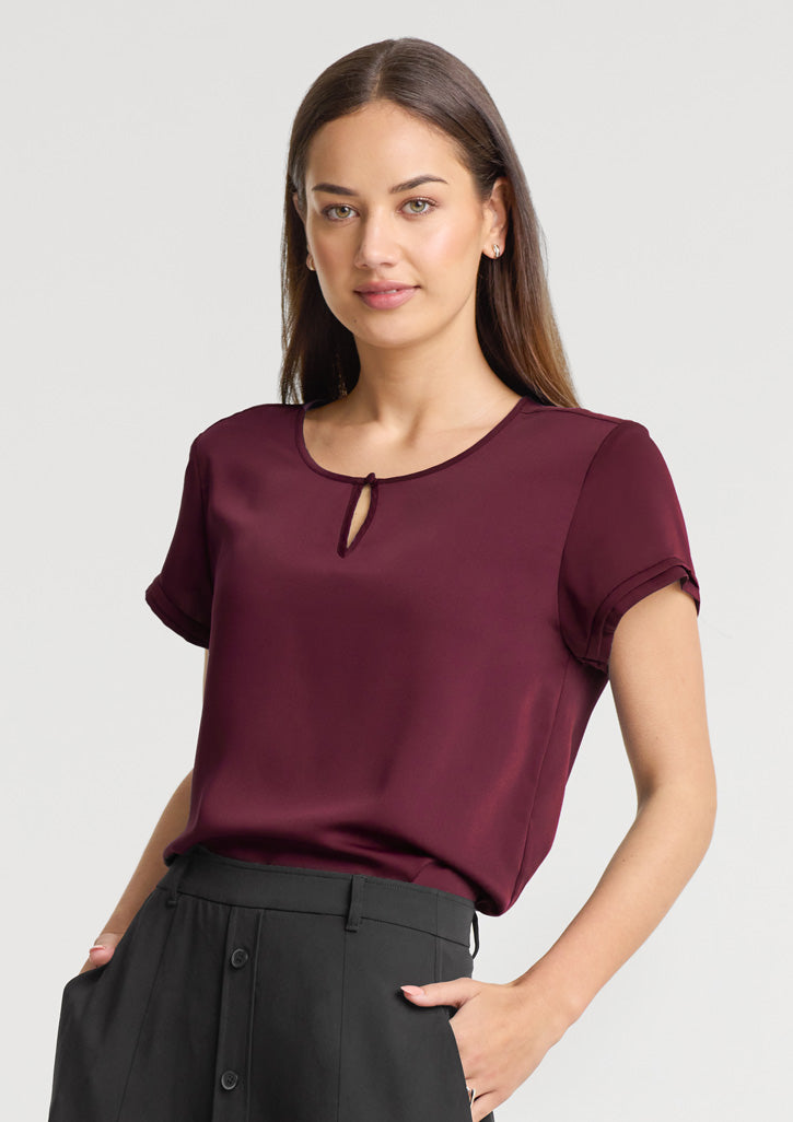 Womens evelyn short sleeve blouse in sleek maroon satin with keyhole neckline perfect for workwear uniforms
