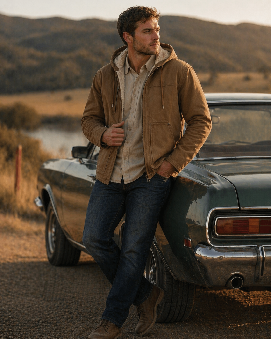 A man wearing a tan rugged hooded barn jacket with fleece lining paired with blue jeans and brown workwear boots