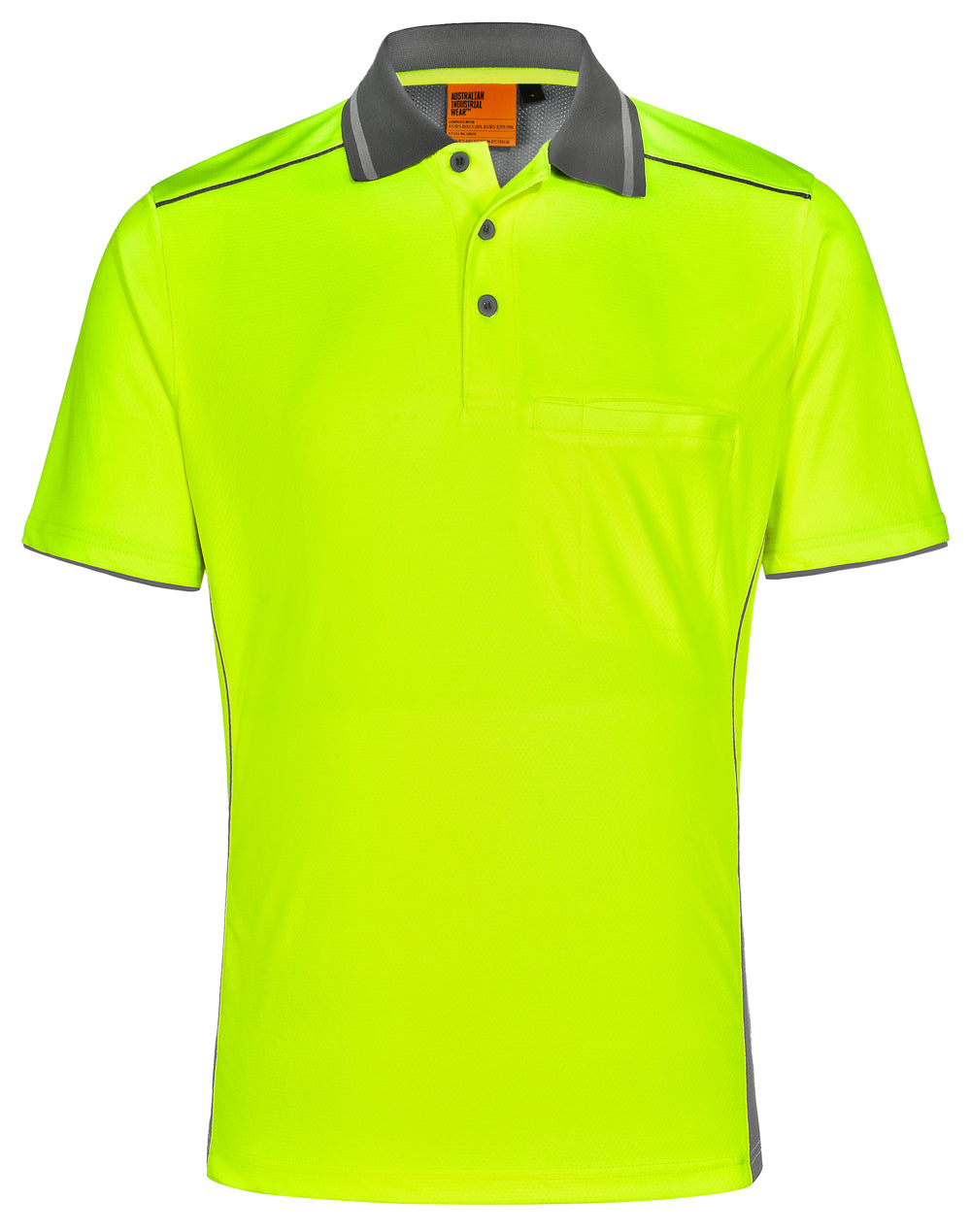 Bright neon yellow hiVis bamboo charcoal vented polo with dark gray trim ideal for workwear and uniforms