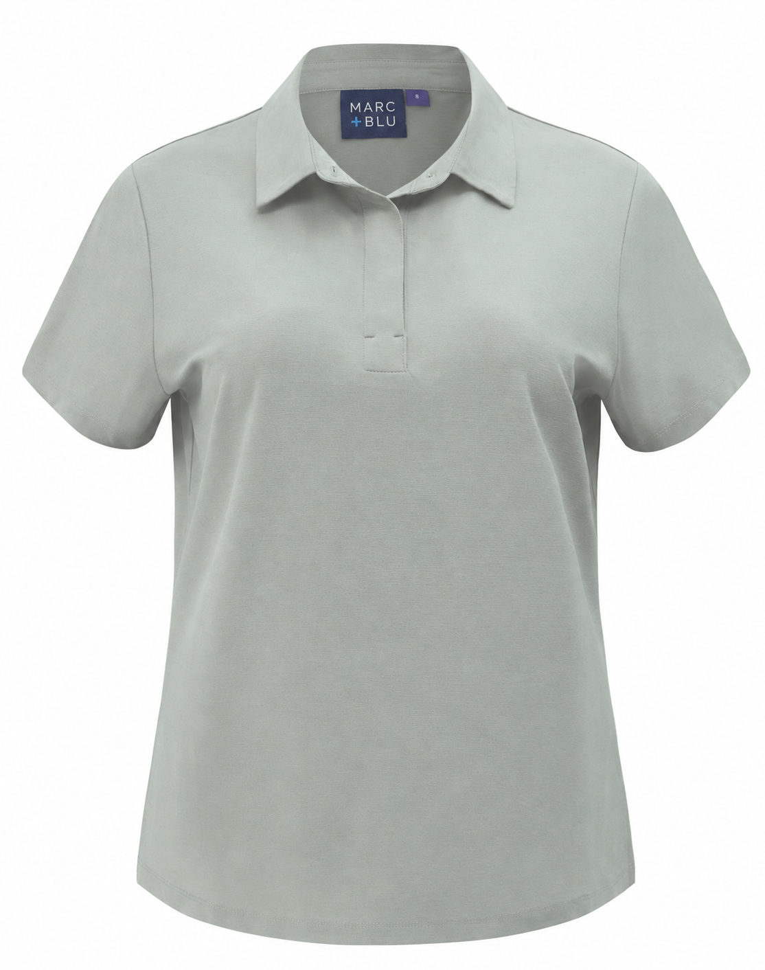 A light sage green short-sleeve polo shirt with a collar and two-button placket, shown on a plain white background. The brand label 'MARC BLU' is visible inside the collar.