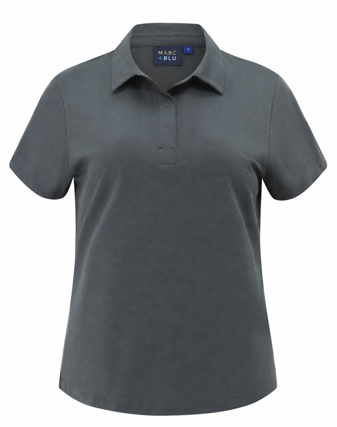 A dark gray short-sleeve polo shirt with a collar and a two-button placket, shown on a plain white background. The brand label inside the collar reads 'MARC BLU'.